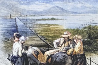 Inspection car of the Pacific Railway approaching the Great Salt Lake circa 1860, America, digital