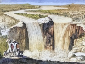 Copy of Father Hennepin's sketch of Niagara Falls from 1677, redrawn in the 1870s, America, digital