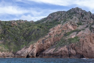 Rock formations and deep blue water, Capo Rosso, Gulf of Porto, Corsica, Corsica, France