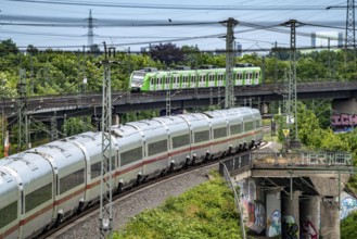 ICE 4 train, S-Bahn train, on the line between Bochum and Dortmund, near Dortmund-Marten,