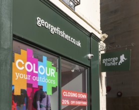 George Fisher outdoor clothing shop store closing down sale, Abbeygate Street, Bath, north east