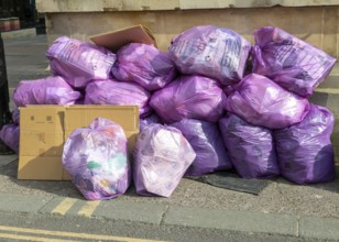 Council bags of rubbish waste piled on street corner, city of Bath, north east Somerset, England,