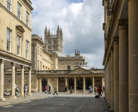 Georgian style buildings with colonnades, Bath Street, city of Bath, north east Somerset, England,