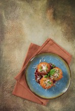 Crispy Arancini appetizer, with parmesan cheese and microgreens, plate, tomato sauce, homemade, no