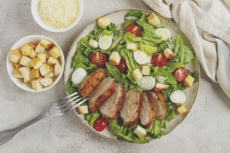 Caesar salad, with duck breast, on a light plate, on a light background, homemade, no people