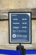 Entrance prices for Bath Abbey church, city of Bath, north east Somerset, England, UK