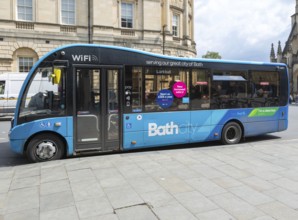 Local single decker First bus to Larkhall, High Street, city of Bath, north east Somerset, England,