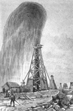 Oil strike at an oil well in Baku, around 1870, Azerbaijan, digital reproduction of a historical
