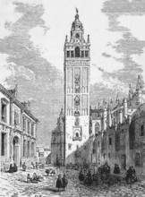 The Giralda and the cathedral, Seville, around 1870, Spain, digital reproduction of a historical