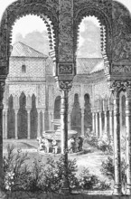 The Court of the Lions, Alhambra Palace, Granada, c. 1870, Spain, digital reproduction of a