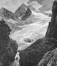 Distant hikers crossing a bridge, the Alps, around 1870, Switzerland, digital reproduction of a