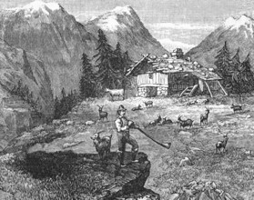 Goatherd playing alphorn, near a chalet in the Alps, around 1870, Switzerland, digital reproduction