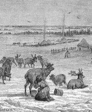 Herding reindeer, a village scene in Lapland, around 1870, Sweden, digital reproduction of a
