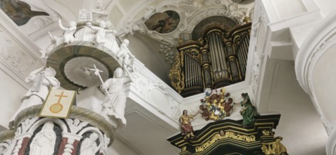 The Evangelical Lutheran St Laurentius Church in Thurnau, the pulpit and the organ, Kulmbach