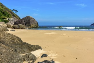 The rocks and the sea at Bonete beach on the island of Ilhabela on the coast of Sao Paulo,
