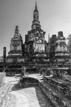 Historic Buddhist temple complex Wat Mahathat, historical park, black and white photo, Sukhothai,