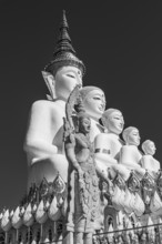 Five-headed Buddha statue, black and white photo, Wat Phra That Sorn Kaew Buddhist temple complex,