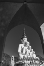 Round arch pavilion, the five-headed Buddha statue in the back, black and white photo, Wat Phra