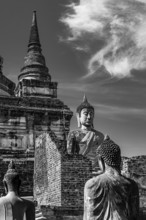 Stone Buddha statues, a temple tower in the back, Prang, historic Buddhist temple complex, black