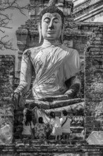 Stone Buddha statue, historic Buddhist temple complex, black and white photo, Ayutthaya, Thailand