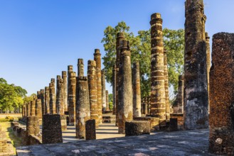 Columns in the historic Wat Mahathat Buddhist temple complex, Sukhothai, Sukhothai province,