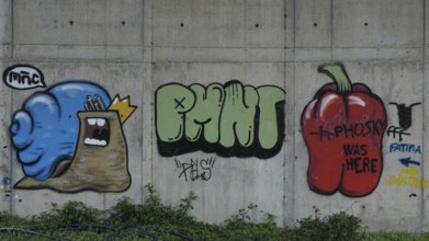 Colourful graffiti of snails and peppers on a concrete wall in an urban setting with Fatima and