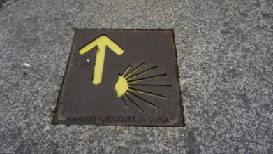 Stone marking on the Camino de Santiago with yellow arrow and shell, pilgrimage on the Caminho