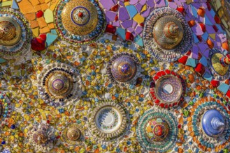 A wall decorated with colorful mosaic tiles and glass works of art, Buddhist temple complex Wat