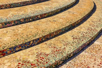 Staircase decorated with colorful mosaic tiles, Buddhist temple complex Wat Phra That Sorn Kaew,
