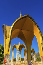 Round arch pavilions decorated with colorful mosaics and glass works of art, Buddhist temple
