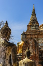 Stone Buddha statues, a high temple tower in the back, Prang, historic Buddhist temple complex,