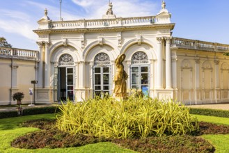 Stone female figure in front of the visitor center, Thai King's Summer Palace, Bang Pa-In, near