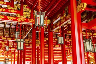 Roof structure with red beams and golden decorations, Wehat-Chamrun Residence, Thai King's Summer