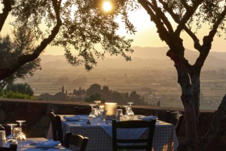 A set table under trees with a view of a vast landscape at sunset, Hotel Europa, garden restaurant