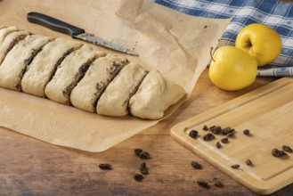 Dough pieces with poppy seed filling on baking paper, next to apples and raisins