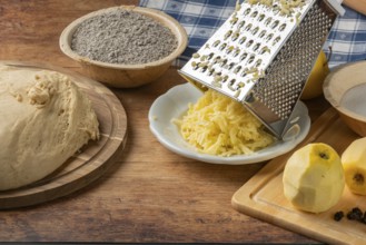 Grated apples and poppy seeds next to dough on rustic table