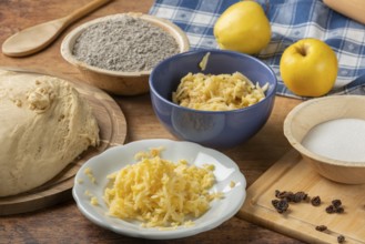 Grated apples in a bowl, dough, poppy seeds and sugar for baking preparation on the table