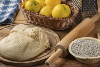 Fresh dough lump on board next to bowl with poppy seeds, apples and rolling pin