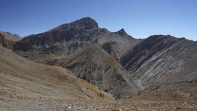 Rocky mountain landscape under a bright blue sky, trekking in Ladakh, Himalayas, India