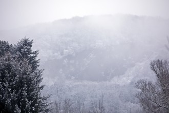 Wartenberg with snow and clouds in winter, Witten, Ruhr area, North Rhine-Westphalia, Germany