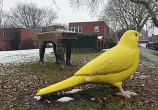 Very large yellow canary and trobant sculpture by David Cerny' at the Holy Spirit Church, Kunstraum