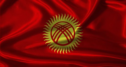 Kyrgyzstan flag with cloth textured background. National flag of Kyrgyzstan with realistic texture