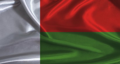 Madagascar flag with cloth textured background. National flag of Madagascar with realistic texture