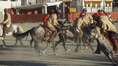 Group of polo players in traditional clothing playing polo on a clay court in Leh, dynamic scene,