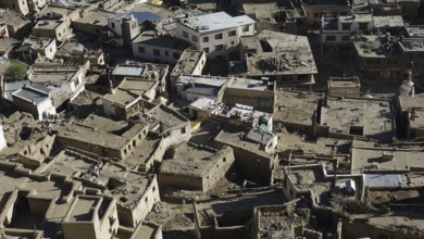 Close-up of traditional Tibetan-style houses built close together, Leh, trekking in Ladakh,