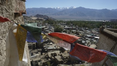 Colorful prayer flags fly over Leh with a mountainous landscape in the background, trekking in