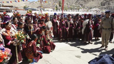 A large group in traditional costume gathers during a cultural festival in Leh, some carrying