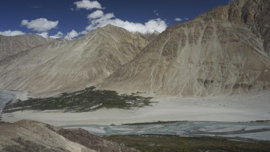 Nubra Valley, mountain valley with sand and river, surrounded by mountains under clear skies,
