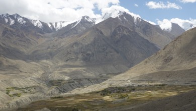 Secluded village at the foot of snow-capped mountains under a cloudy sky, trekking in Ladakh,