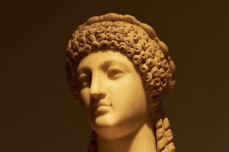 Marble head of Poppaea Sabina, second woman of Roman Emperor Nero, antique marble head of a woman